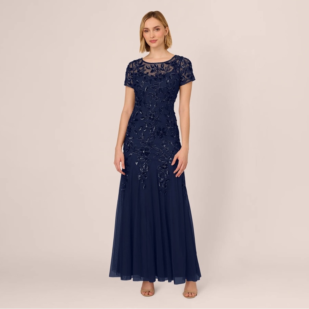 Adrianna Papell Navy Blue Beaded Gown NWT SZ 6 Formal Evening Short Sleeve MOB